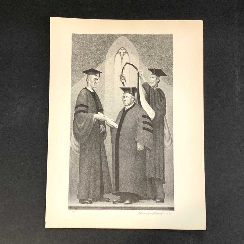 Grant Wood "Honorary Degree" 1930s Art Print Sketch Vtg University Graduation